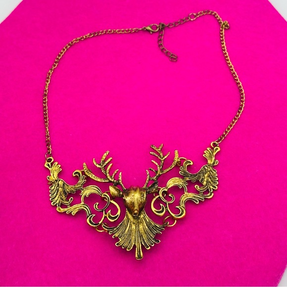 Stag of the Woods Deer Gold Tone statement necklace - Picture 6 of 13